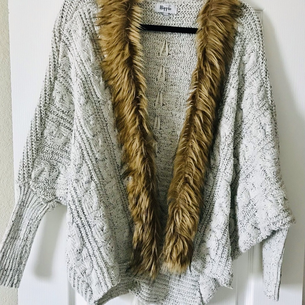Hippie Rose Cream Cable Knit Cardigan with Faux Fur Trim